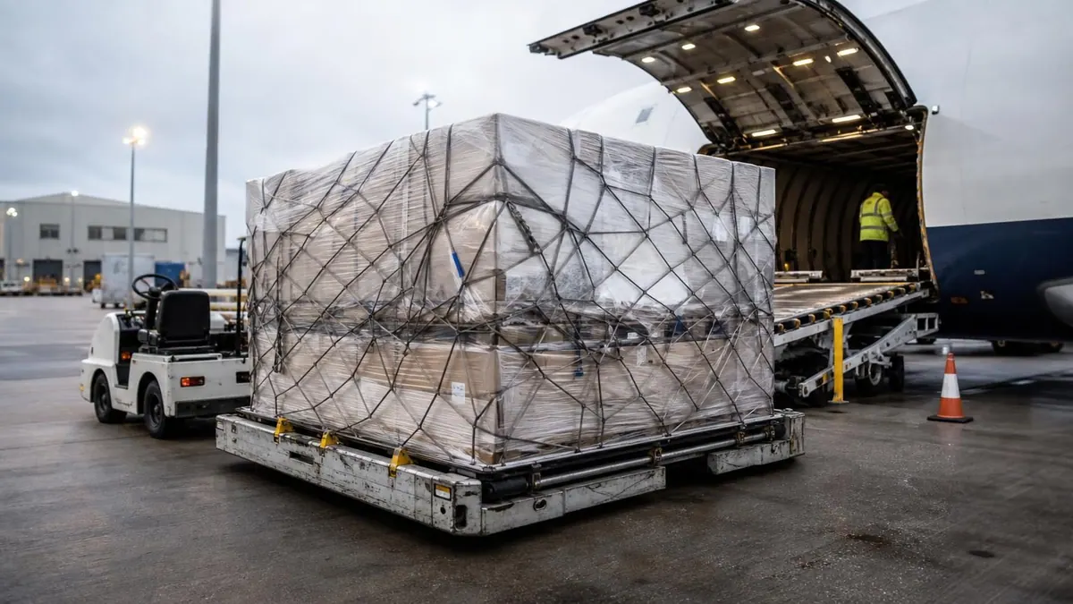 Cargo boxes being measured before an air freight volumetric weight calculation