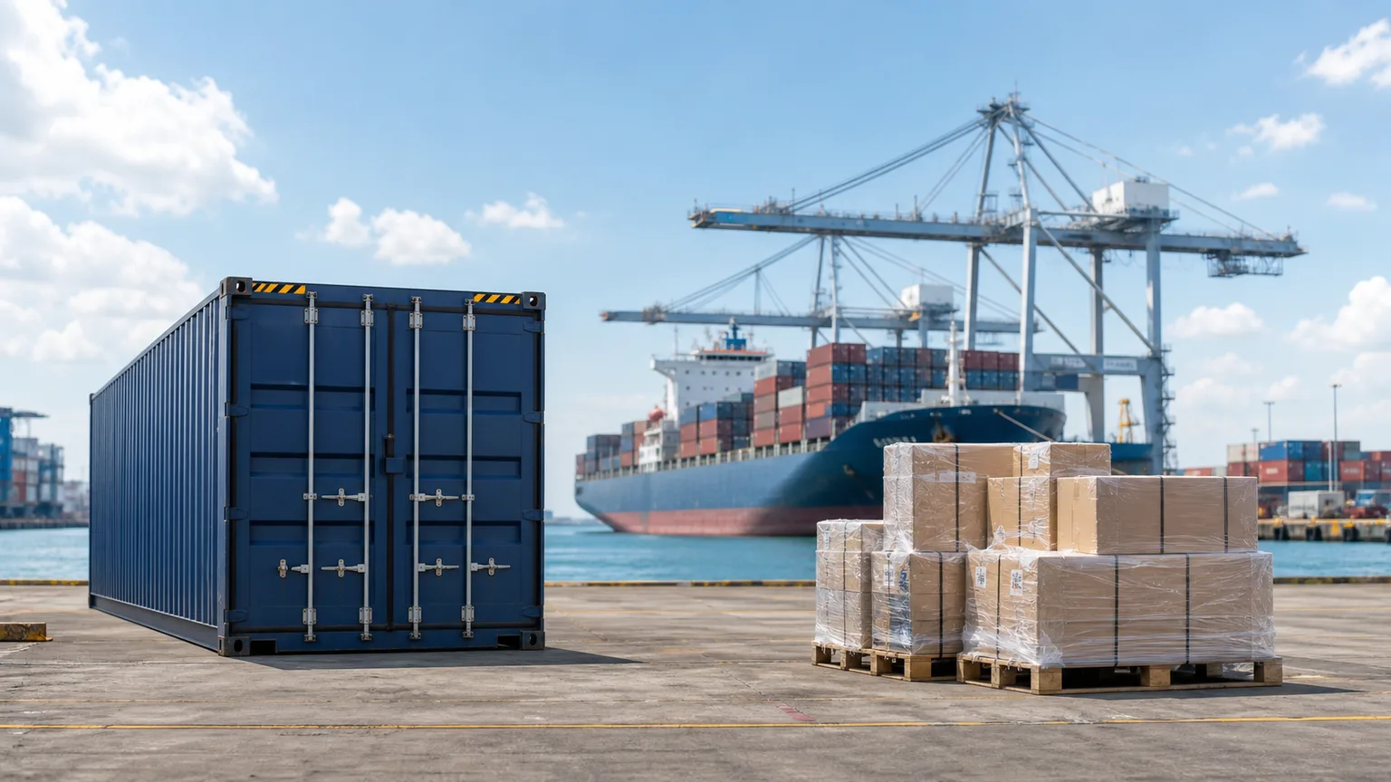 Shipping containers being loaded at a port for international sea freight