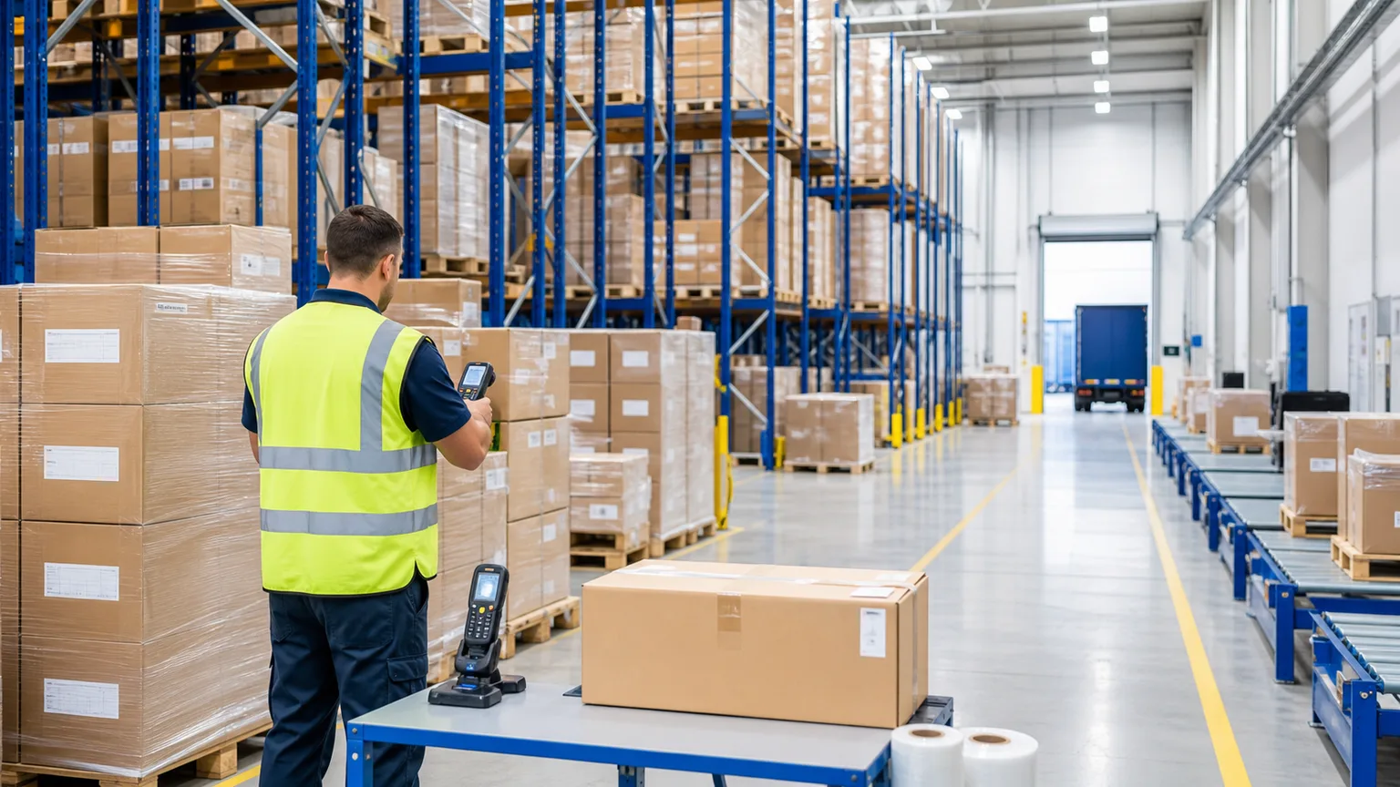 Warehouse team preparing stock for distribution with organised pallets and delivery vehicles nearby