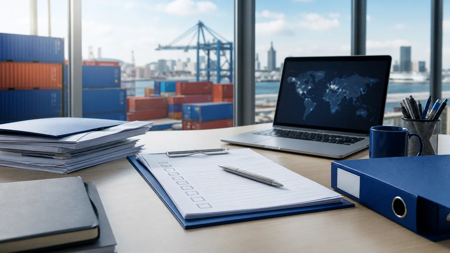 Freight documents, shipping containers and a laptop prepared for UK customs clearance